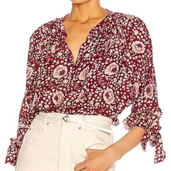 Natalie Martin Renata Burgundy Floral Peasant Blouse Popover Top Tie Sleeve - Picture 1 of 8